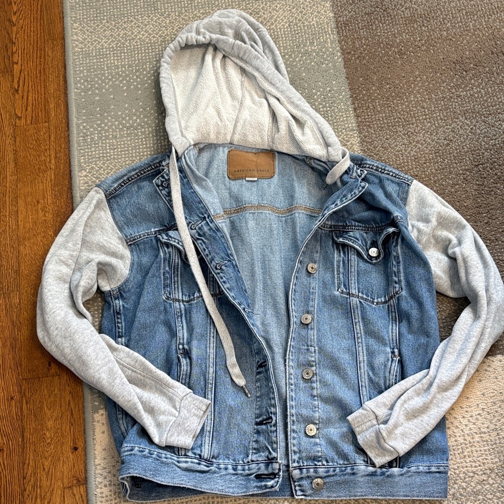 American Eagle Outfitters Blue Denim Jacket with Gray Hoodie